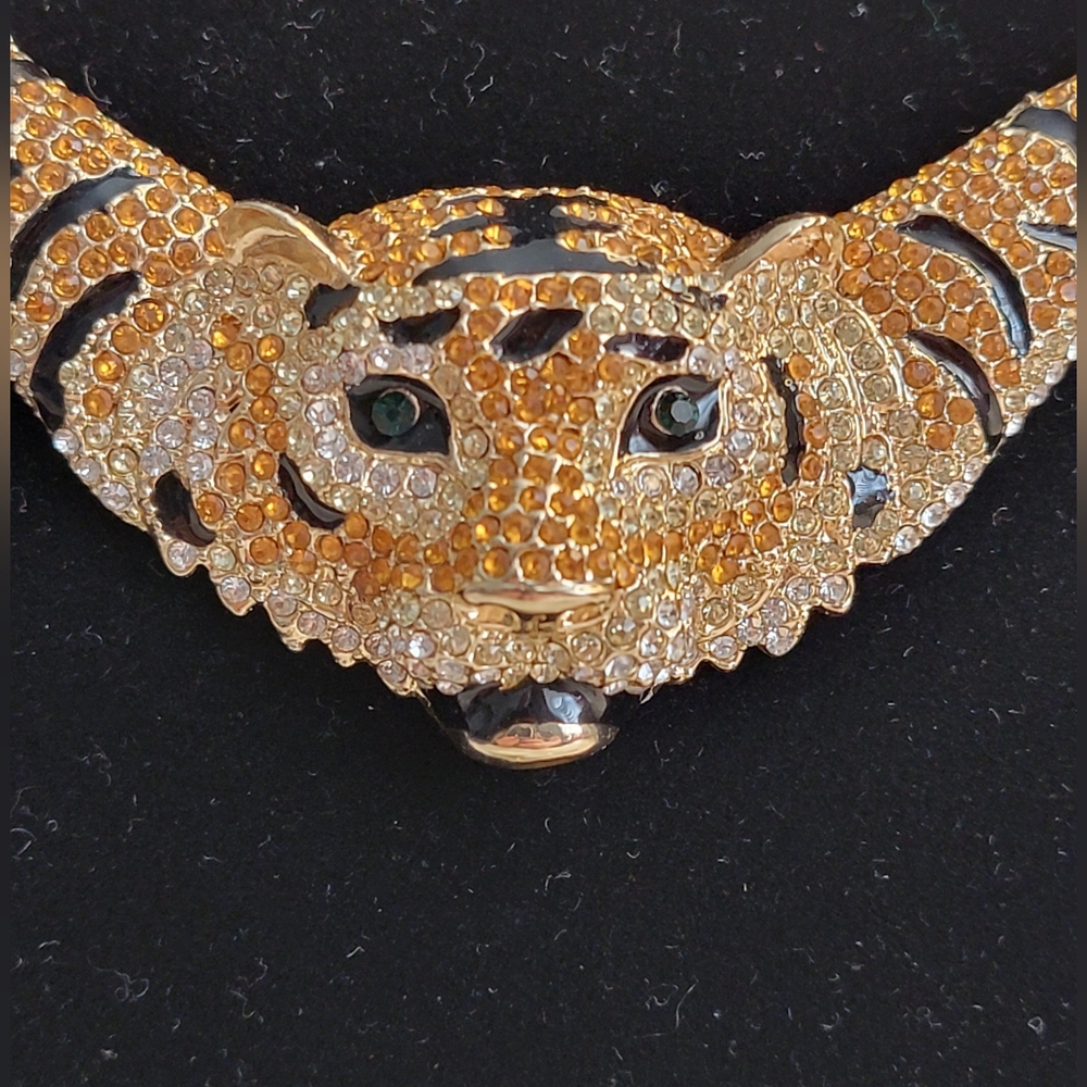 Gold Tone Rhinestone Tiger Statement Necklace Pierced Earrings Set